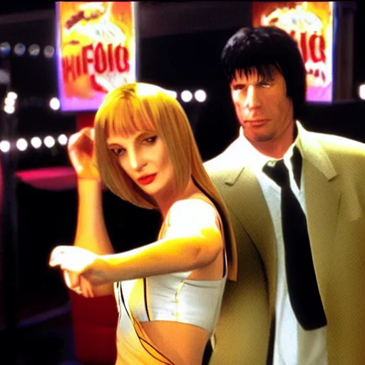 Image similar to uma thurman and john travolta in dance dance revolution, pulp fiction edition, playstation 2 video game