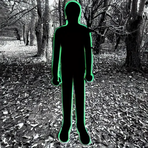 Prompt: night vision trailcam photo of the slenderman shadow person standing in an overgrown playground