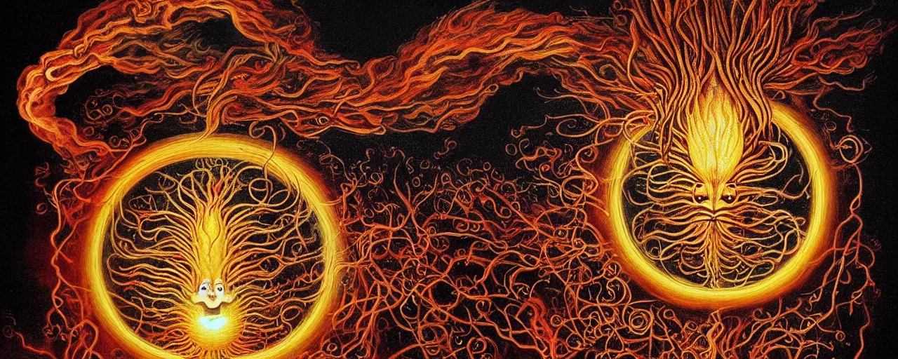 Image similar to a strange fire creature with endearing eyes radiates a unique canto'as above so below'while being ignited by the spirit of haeckel and robert fludd, breakthrough is iminent, glory be to the magic within, in honor of saturn, painted by ronny khalil