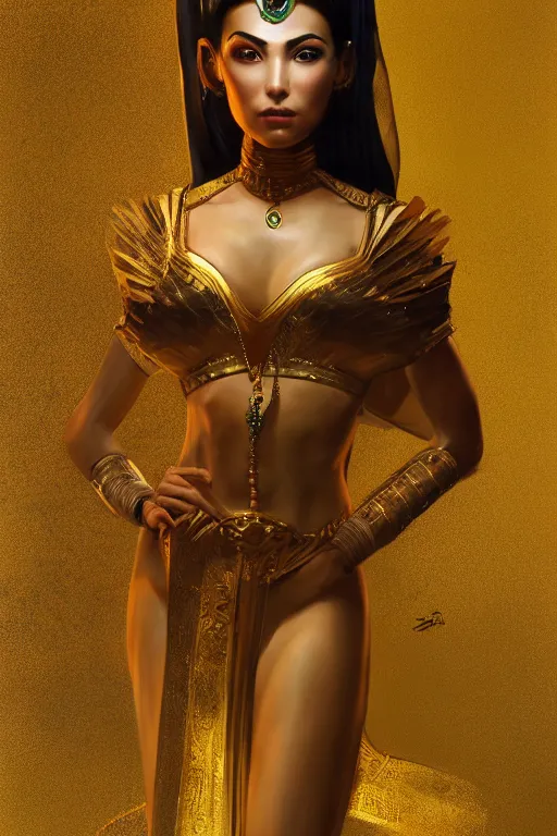 Image similar to Donia Samir Ghanem as egyptian princess, gorgeous, portrait, powerful, intricate, beautiful, masterpiece, elegant, volumetric lighting, digital painting, highly detailed, artstation, sharp focus, illustration, Hajime sorayama, ruan jia