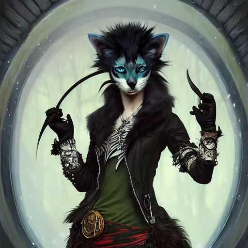 Prompt: portrait painting of a punk catfolk bard with green eyes and snow white fur, ultra realistic, concept art, intricate details, eerie, highly detailed, photorealistic, octane render, 8 k, unreal engine. art by artgerm and greg rutkowski and charlie bowater and magali villeneuve and alphonse mucha