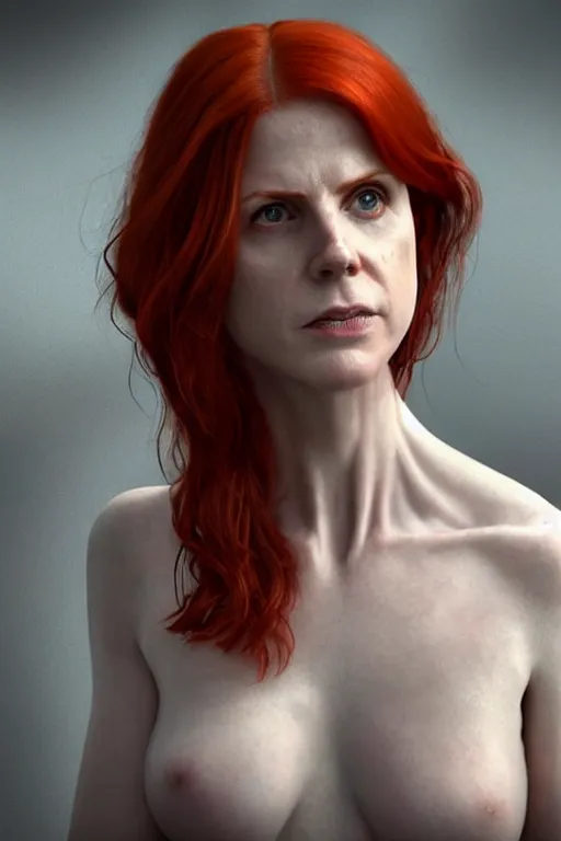 Prompt: pale woman covered with blood, sarah rafferty face!!!, red hair, skeleton body tattoo, ultra realistic, concept art, intricate details, highly detailed, 4 5 mm. photorealistic, octane render, 8 k, unreal engine. film still, heavy grain, 3 5 mm, art by artgerm and greg rutkowski and alphonse mucha