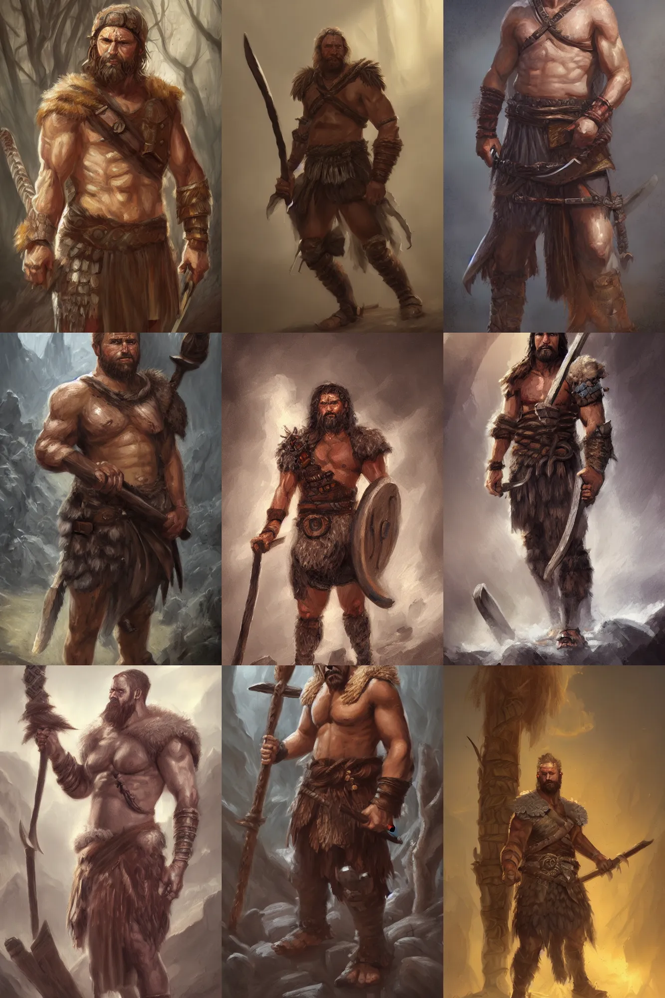 Prompt: a detailed full body fantasy portrait oil painting illustration of a single stoic barbarian man by Justin Sweet with face and body visible, d&d, rpg, forgotten realms, artstation trending, high quality, sombre mood, artstation trending, muted colours, no crop, entire character,