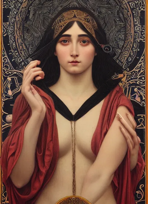 Image similar to beautiful enlightened cult magic psychic woman with tattoos, oil painting, robe, symmetrical face, greek dark ritual myth, by John William Godward and Anna Dittman, masterpiece