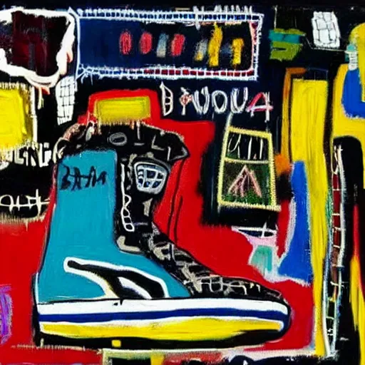 Image similar to basquiat oil painting of cyber balenciaga sneakers,