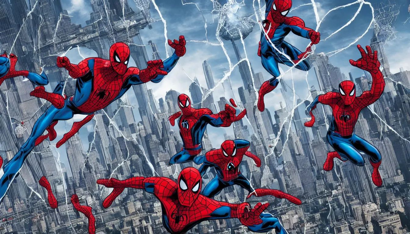 Image similar to a wide angle action shot of avengers defending brooklyn bridge from alien invasion, spider-man swinging on a web in the background, in the style of marvel comics, graphic novel