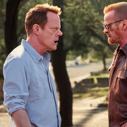 Image similar to movie still of Jack Bauer and Walter White arguing, 4k, golden hour, hyperdetailed