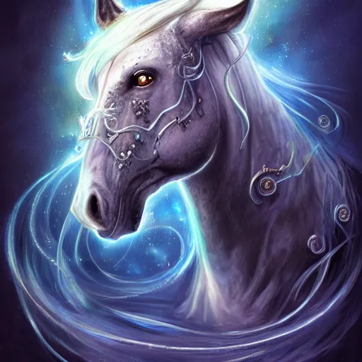 Image similar to a wlop 3 d render of very very very very highly detailed beautiful mystic portrait of a phantom undead horse with whirling galaxy around, tattoos by anton pieck, intricate, extremely detailed, digital painting, artstation, concept art, smooth, sharp focus, illustration, intimidating lighting, incredible art,