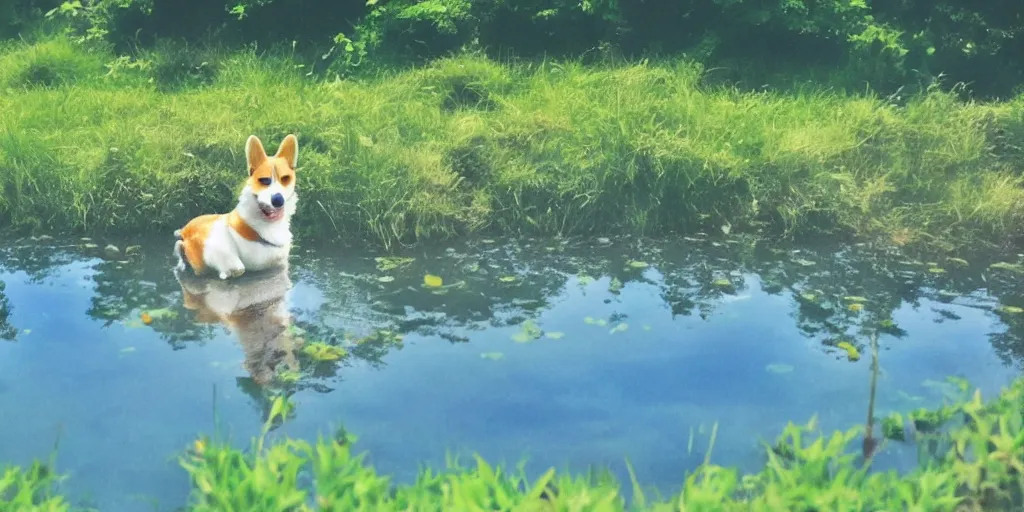 Prompt: A corgi by a pond, there is blue sky, there is water splash, the atmosphere is cheerful, the colors are bright, high picture quality, by Makoto Shinkai