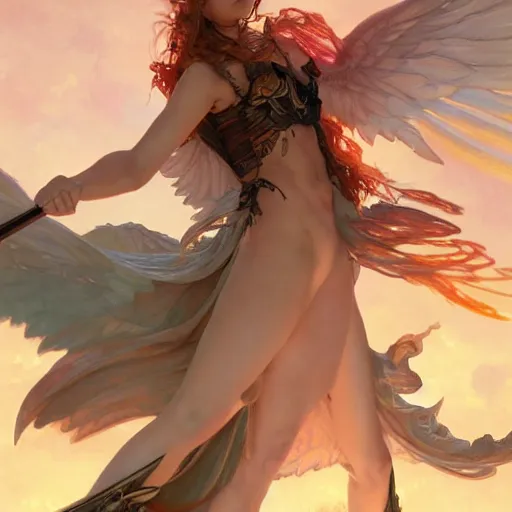 Image similar to An angel with a flaming sword fighting a pterodactyl, detailed, digital painting, artstation, pixiv, Krenz Cushart, WLOP, Artgerm, Alphonse Mucha