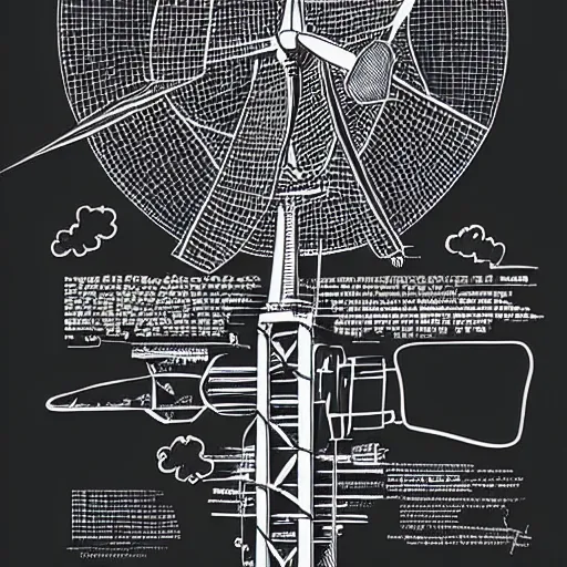 Image similar to Simplistic comic illustration of a wind turbine blueprint, black ball pen on white paper, by Josan Gonzalez and Geof Darrow