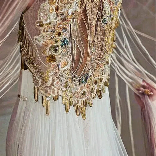 Image similar to a long wedding dress with a train made of flower petals made of light - colored fabric. transparent in places. in places, patterns of precious stones. intricate patterns of gold thin threads. fantasy. clear details