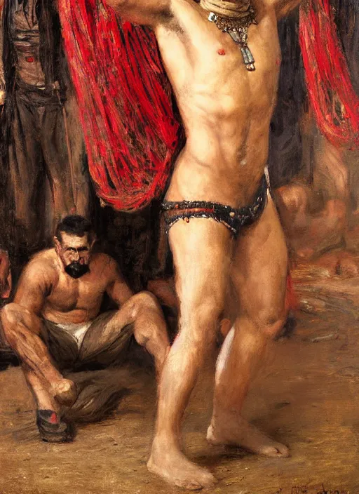 Image similar to Old west circus wrestler (rdr2). Iranian orientalist portrait by john william waterhouse and Edwin Longsden Long and Theodore Ralli and Nasreddine Dinet, oil on canvas. Cinematic, hyper realism, realistic proportions, dramatic lighting, high detail 4k