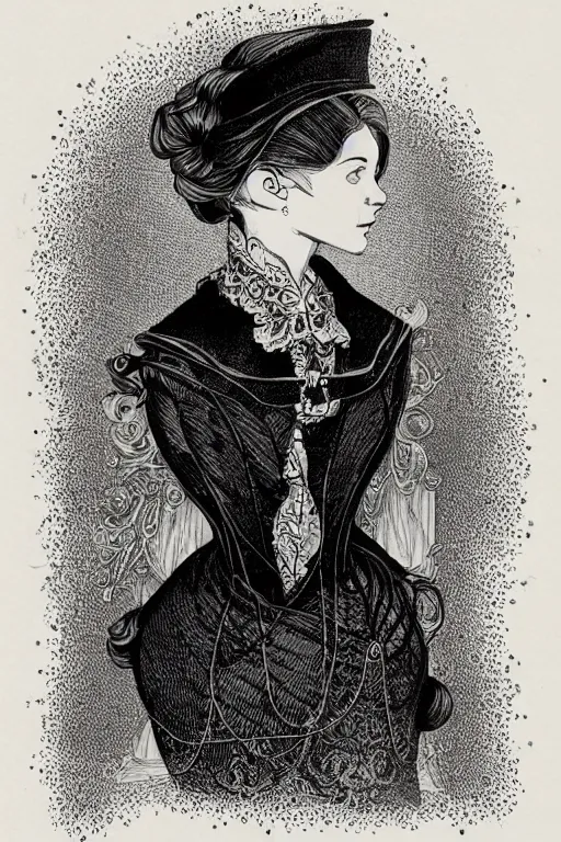 Image similar to female victorian scholar, black ink on paper, trending on artstation, beautiful, intricate, detailed