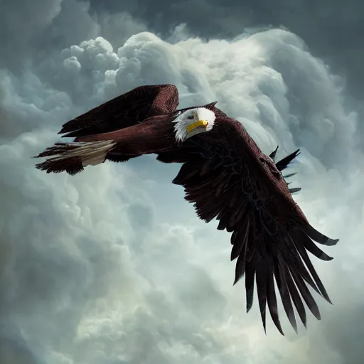 Prompt: flying eagle, character design, Kim Keever, oil painting, detailed, octane render, beautiful composition, trending on artstation, award-winning photograph, masterpiece