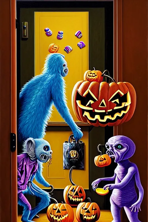 Image similar to a hyperrealistic painting of trick or treaters knocking on door and scary chimeric creature answers with bowl of candy, cinematic horror by jimmy alonzo, the art of skinner, chris cunningham, lisa frank, richard corben, highly detailed, vivid color,