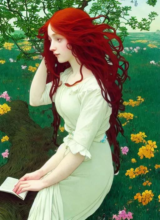 Prompt: pretty young woman resembling alicia vikander with long red hair, reading a book under a tree, path traced, highly detailed, high quality, digital painting, by studio ghibli and alphonse mucha, leesha hannigan, hidari, art nouveau, chiho aoshima, jules bastien - lepage