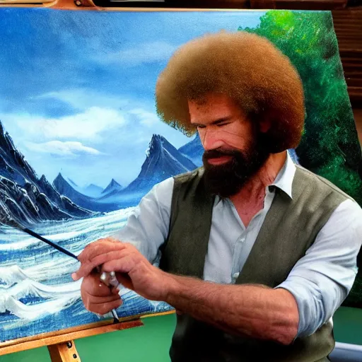 Prompt: a closeup photorealistic photograph of bob ross working on a canvas painting of aquaman. film still. brightly lit scene. mountains and trees. this 4 k hd image is trending on artstation, featured on behance, well - rendered, extra crisp, features intricate detail, epic composition and the style of unreal engine.