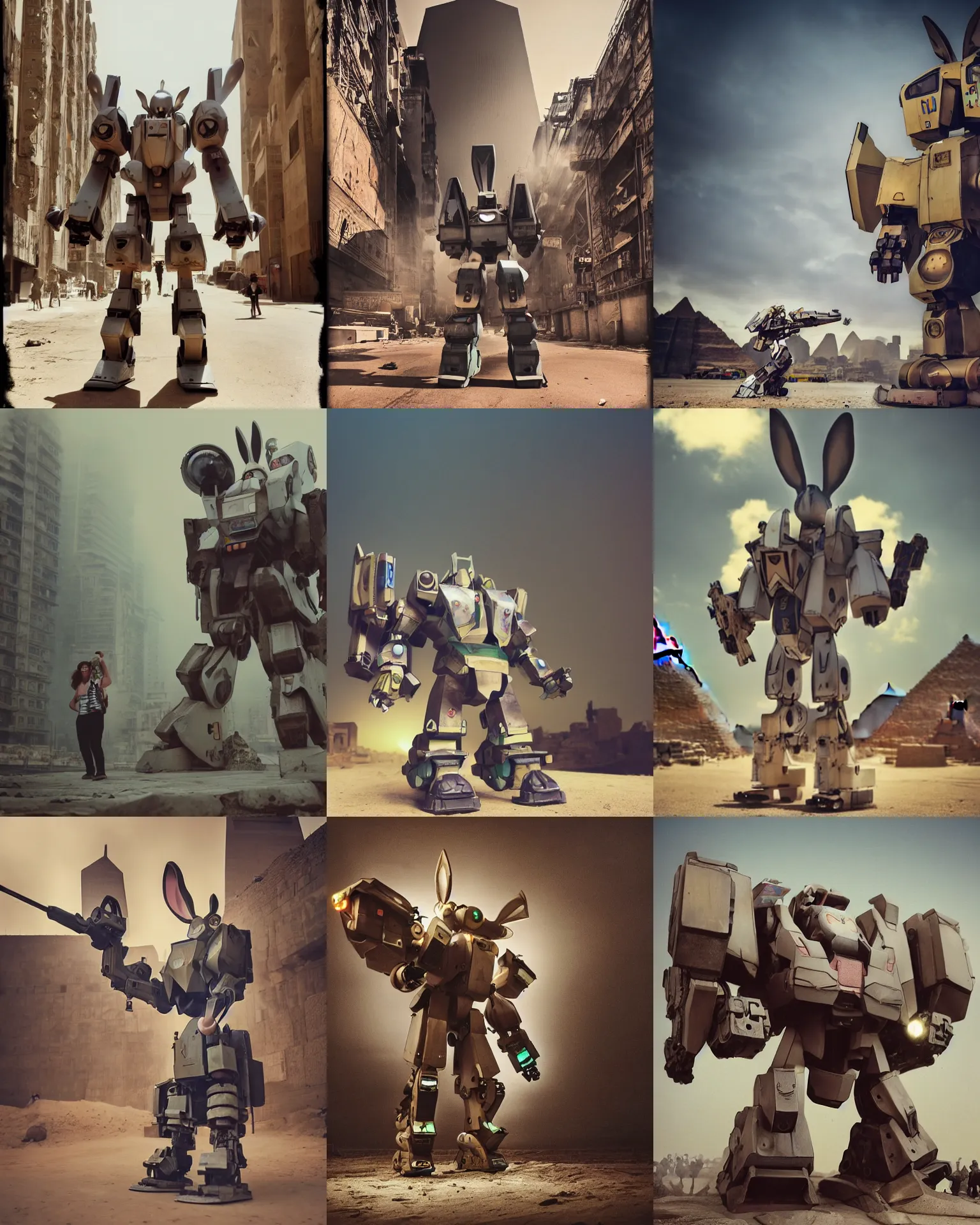 Prompt: action pose !!! giant oversized battle rabbit giant ears robot chubby cute bulky mech as rabbit mech war weapon, in giza , Cinematic focus, Polaroid photo, vintage, neutral colors, soft lights, foggy, by gregory crewdson