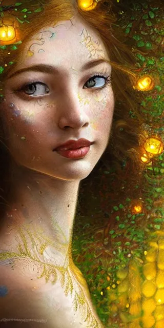 Prompt: young woman, serene smile surrounded by golden firefly lights, amidst nature fully covered by a intricate detailed dress, long red hair, precise linework, accurate green eyes, small nose with freckles, smooth oval shape face, empathic, expressive emotions, spiritual scene, hyper realistic ultrafine art by artemisia gentileschi, jessica rossier, boris vallejo