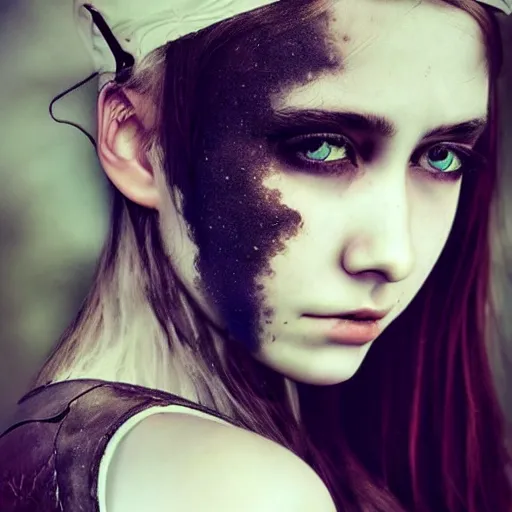 Prompt: girl, fantasy art, 1 8 yo, pale, large dark birthmark across half of face, pretty, medieval, tomboy, dark hair