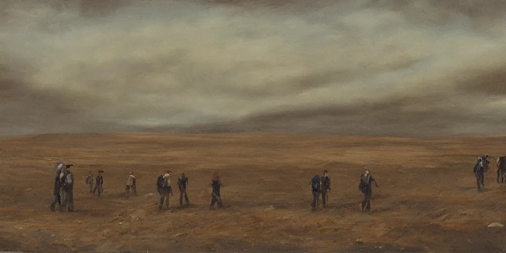 Prompt: “ sparse column of haggard men wearing 1 8 0 0 s navy uniforms walking into distance, barren landscape, no grass or trees, gravel and scree ground, grey ground, overcast sky, desolate arctic landscape, oil painting ”