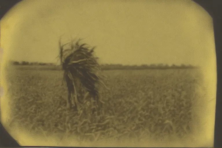 Image similar to dark old polaroid of an weird monster in an corn field, rain, pictorialism, desolate