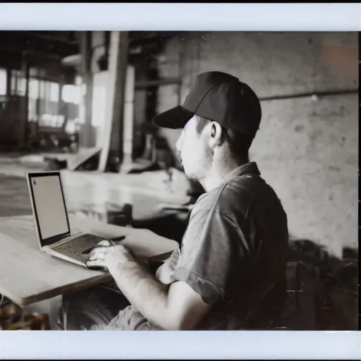 Prompt: a polaroid photo of man using a laptop inside in warehouse, he sitting on chair and small table, he's wearing blue cloth and construction hat, photo from behind, highly details, perfect face shape, cinematic lighting,