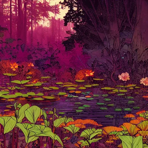 Prompt: a forest and the lily pond, that looks like it is from Borderlands, colorful, strong sunshine, high contrast, light and shadow, by Feng Zhu and Loish and Laurie Greasley, Victo Ngai, Andreas Rocha, John Harris