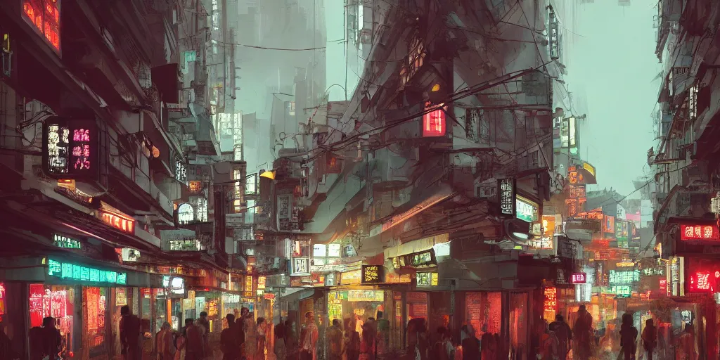 Prompt: hongkong style, small building, city, street view, science fiction, cyberpunk, rain day, wide angle, full of people, moon, a lot of lights, cinematic lighting, high detail, digital painting, concept art, illustration, smooth, sharp focus, trending on artstation, trending on deviantart, 4 k