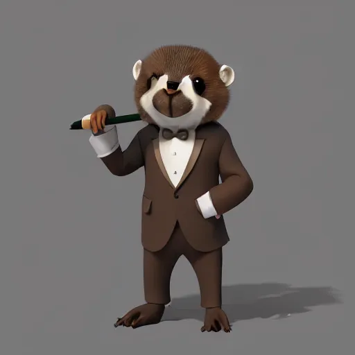 Prompt: a cute anthro brown marmot in a tuxedo while holding a pencil, digital art, trending on art station, 3 d artistic render, octane, blender, cartoon, shadows, lighting