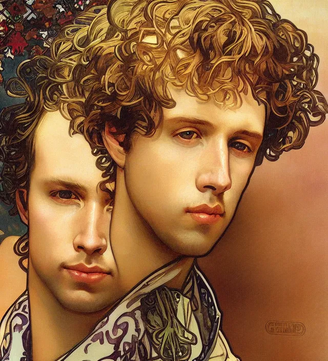 Prompt: detailed closeup portrait of napoleon dynamite by alphonse mucha, ayami kojima, yoshitaka amano