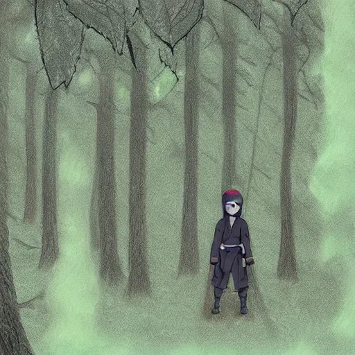 Prompt: a close shot of a ninja standing in a forest by studio ghibli, detailed, gloomy, digital art,