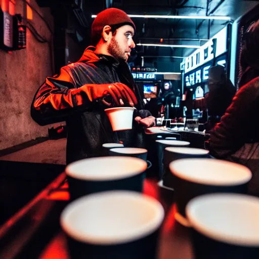 Prompt: photograph of retro techwear people holding solo cups loitering near the bar of a busy rundown nightclub, retrofuturism, brutalism, cyberpunk, sigma 85mm f/1.4, 35mm, 4k, depth of field, high resolution, 4k, 8k, hd, highly detailed, full color