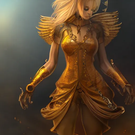 Image similar to pretty blond steampunk seraphim surrounded by lava, 8 k, shallow depth of field, 8 k, ultra high detail, concept art,