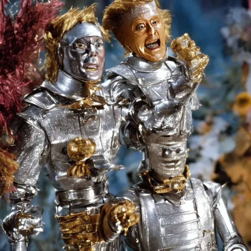 Image similar to a still from a tv commercial for an action figure of happy christopher walken as the tin man from the wiz the movie, singing & dancing, 4 k, highly detailed, award winning, look at all that detail!