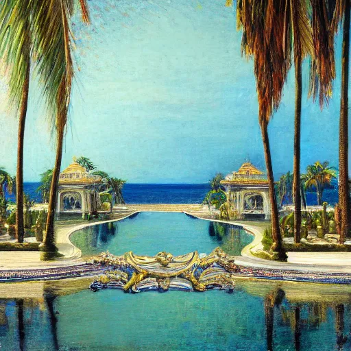 Image similar to a ultradetailed beautiful painting of the amazonas palace balustrade designed by jules bastien - lepage, hans belmer, frank weston and gustave baumann, beach, trending on artstation, mediterranean, palm trees, refracted color sparkles, sharp focus, soft light, 8 k 4 k