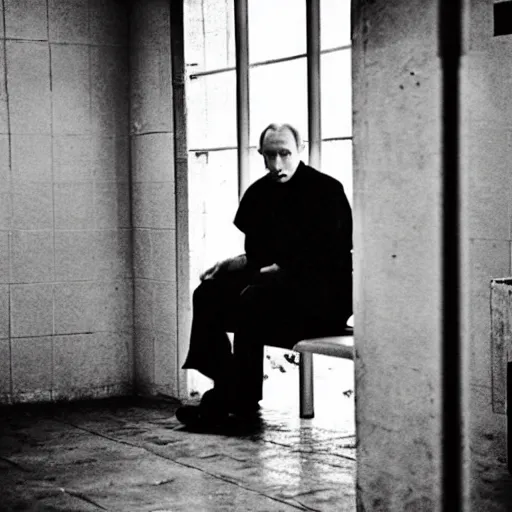 Image similar to a very sad and old wrinkled vladimir putin ( ( in prison clothes sitting on prison bench in prison ) ). detailed professional 3 5 mm black and white photo by don mccullin and anders petersen world press photo award