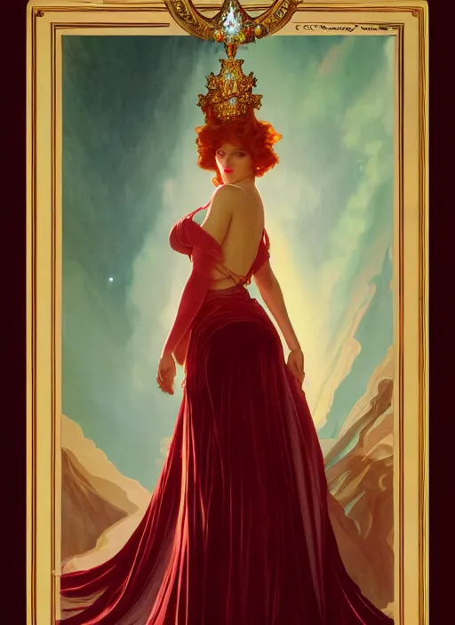 Image similar to leyendecker, ombre velvet gown, lovely queen, portrait, long red hair, small crown, dozens of jeweled necklaces, feral languid woman, by greg rutkowski, anato finnstark, alphonse mucha, global illumination, radiant light