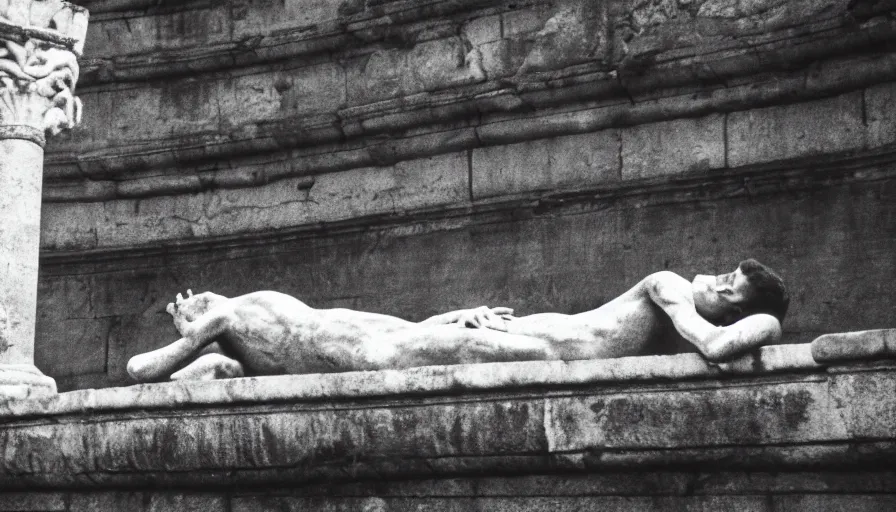 Image similar to 1 9 6 0 s movie still close - up of caligula lay dead on the ancient amphitheater's stairs on a blood flaque, cinestill 8 0 0 t 3 5 mm, high quality, heavy grain, high detail, dramatic light, anamorphic, blood