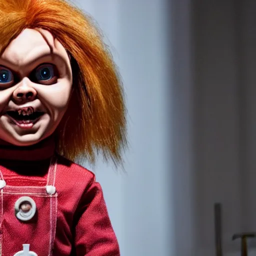 Image similar to chucky the killer doll standing in a church