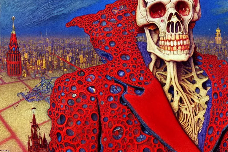 Image similar to realistic detailed closeup portrait painting of a single skeleton wearing red velvet blazer in a crowded futuristic moscow street by Jean Delville, Amano, Yves Tanguy, Alphonse Mucha, Ernst Haeckel, Edward Robert Hughes, Roger Dean, rich moody colours, blue eyes