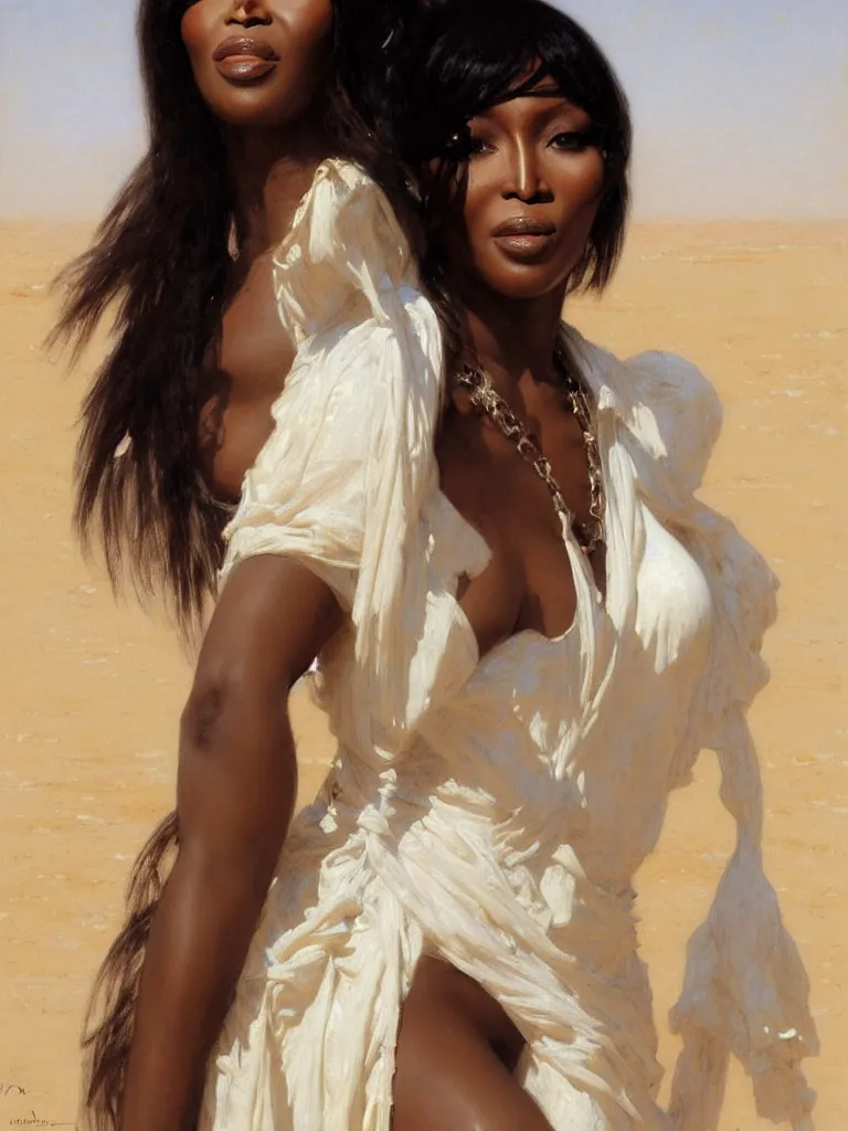 Image similar to Portrait of Naomi Campbell in the Libyan desert, white skirt and barechest, intricate, elegant, highly detailed, artstation, concept art, intricate, highly detailed, sharp focus, ruan jia, jurgens, orientalism, bouguereau