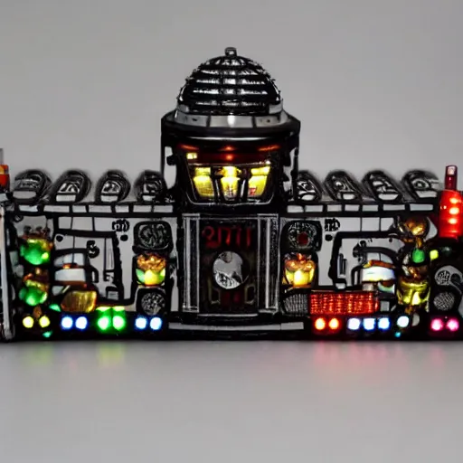 Prompt: tiny mechanical movie prop with led lights, intricate and detailed