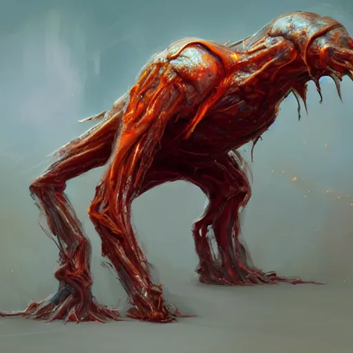 Image similar to scifi art by Greg Rutkowski, hideous monster made of twisted human flesh and reddish ooze, lumpy bloated upper body with elongated and sharp limbs, small head like a ball with two empty holes for eyes, only human beings are its legs, vicious appearance, scifi, space horror, digital painting, artstation, concept art, smooth, sharp foccus ilustration, Artstation HQ.