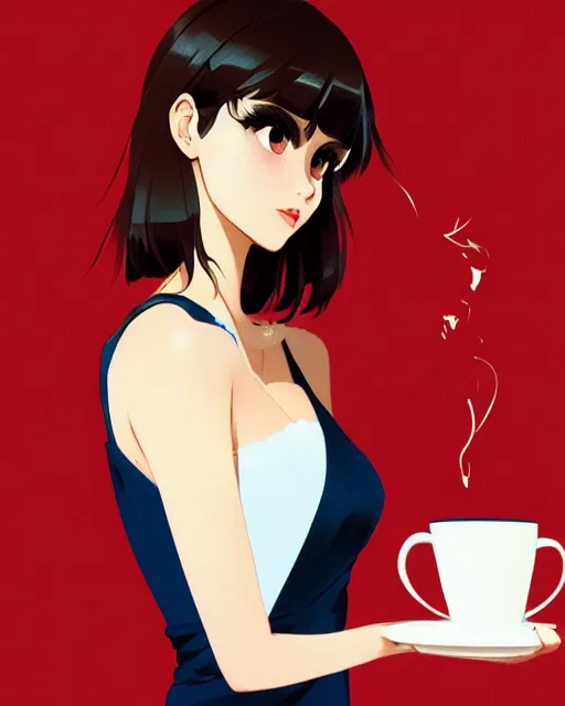 Prompt: a portait of a beautiful dark haired french girl, attractive collarbone and shoulders, holding a mug of hot tea. In the style of ilya kuvshinov, high resolution, pixiv, fanbox, skeb.jp, clipstudio, medibang, ichi-up, CGWORLD, manga cover