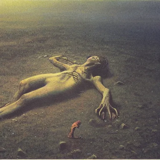 Prompt: dead giant lying on the ground, by Beksinski