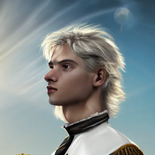 Prompt: a portrait of a young handsome prince, white fringy hair, epic beautiful landscape, backlit, incredible lighting, strong rim light, subsurface scattering, highly detailed, god rays, digital painting, HDRI, by Heise Jinyao, Heise-Lian Yan Fang, Feimo, Richard Taddei, vivid colors, high contrast, 8k resolution, intricate, photorealistic