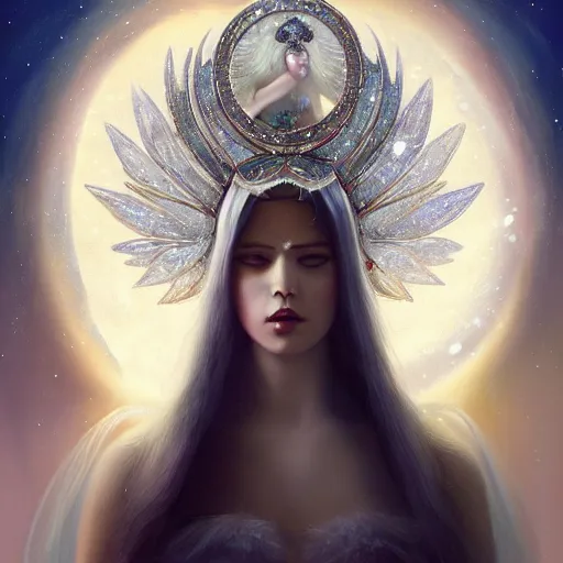 Prompt: A beautiful digital painting of a sexy female Seraphim full of jewels, princess, the moon behind her, intricate, cinematic lighting, highly detailed, digital painting, Artstation, concept art, smooth, sharp focus, illustration, art by Tom Bagshaw, Artgerm and Greg Rutkowski