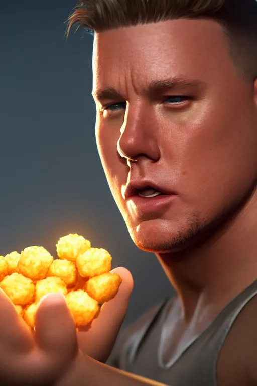 Image similar to channing tatum in a tater tot costume, tater tot face, ef 8 5 mm f 1. 8 usm, bionic scifi alexandre ferra, hyper detailed, digital art, trending in artstation, cinematic lighting, studio quality, smooth render, unreal engine 5 rendered, octane rendered